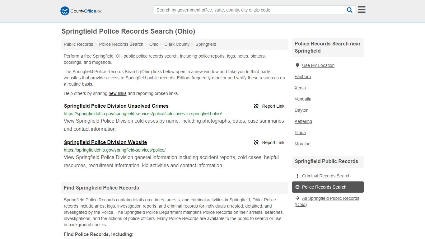 Springfield Police Records Search (Ohio) - County Office