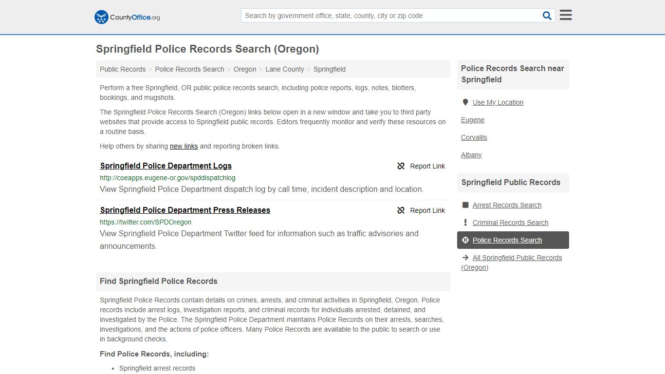 Springfield Police Records Search (Oregon) - County Office